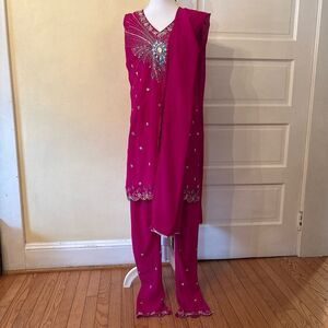 Womens kurti pants dupatta set pink embroidered Indian ethnic wedding party